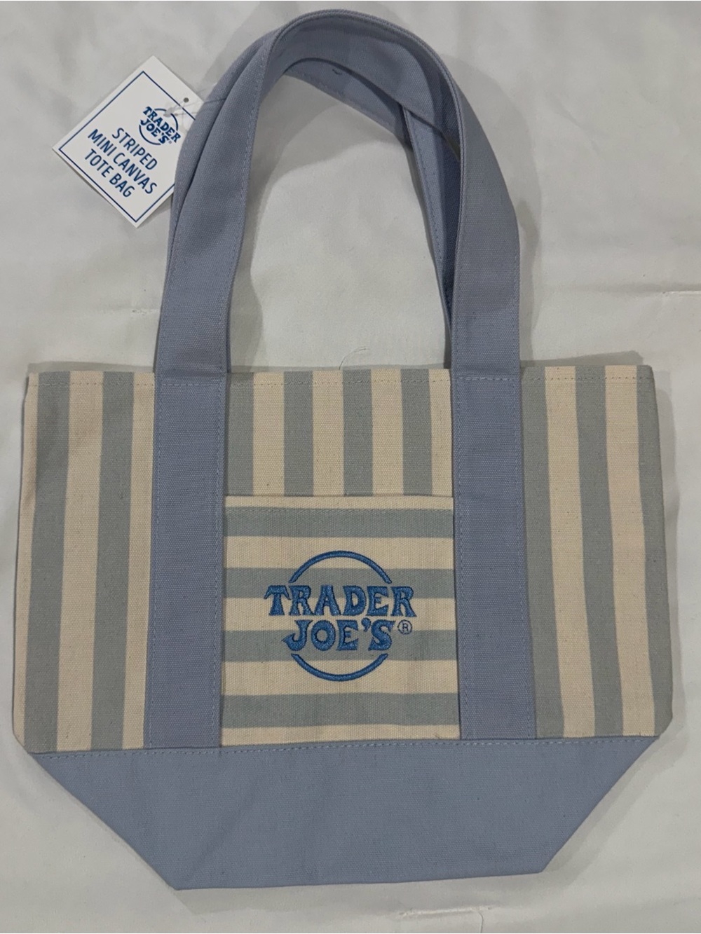 Trader Joe's Striped Mini Canvas Tote Bag BLUE Seashore Pastel NWT